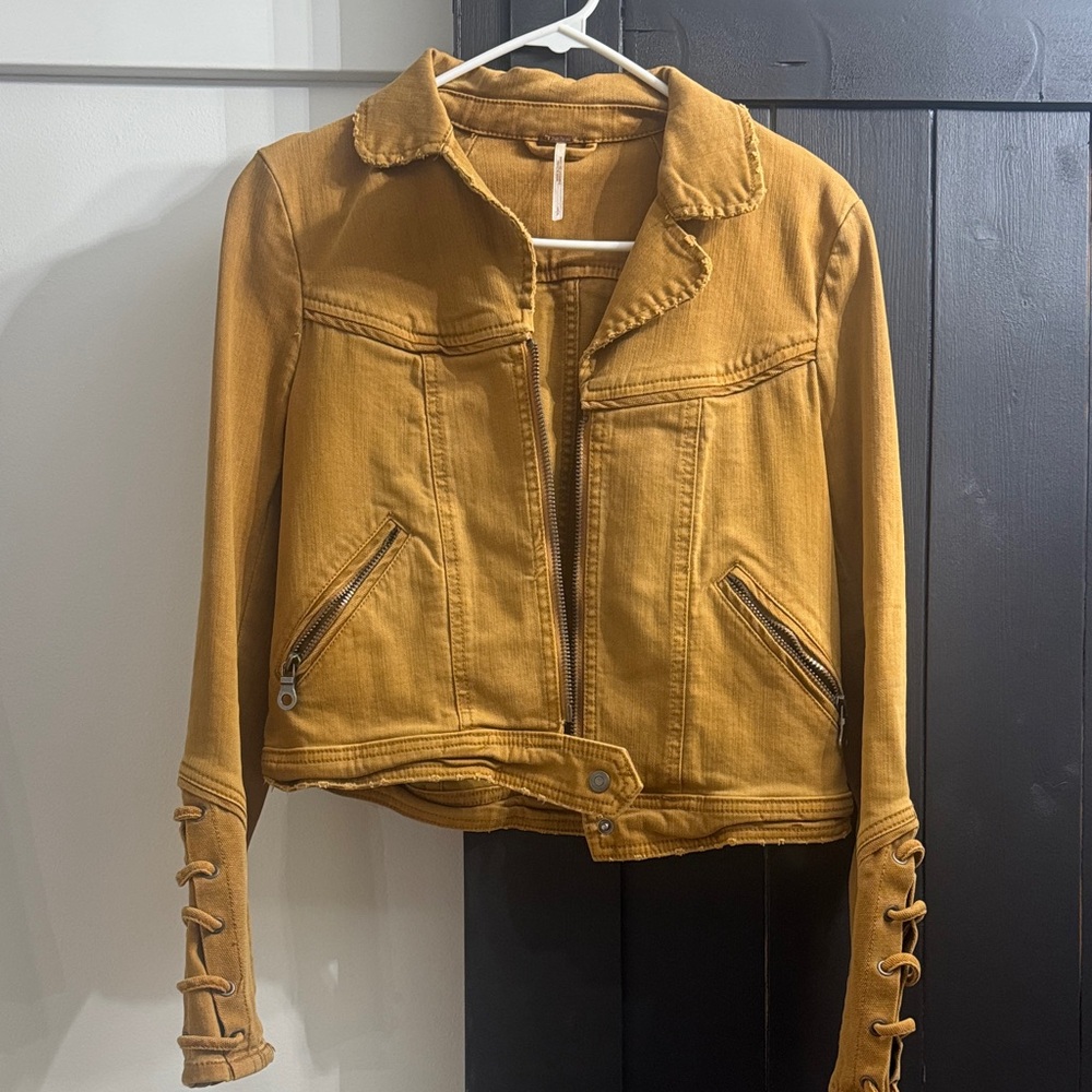 Free People Mustard Jean Jacket with Lace-Up Sleeves